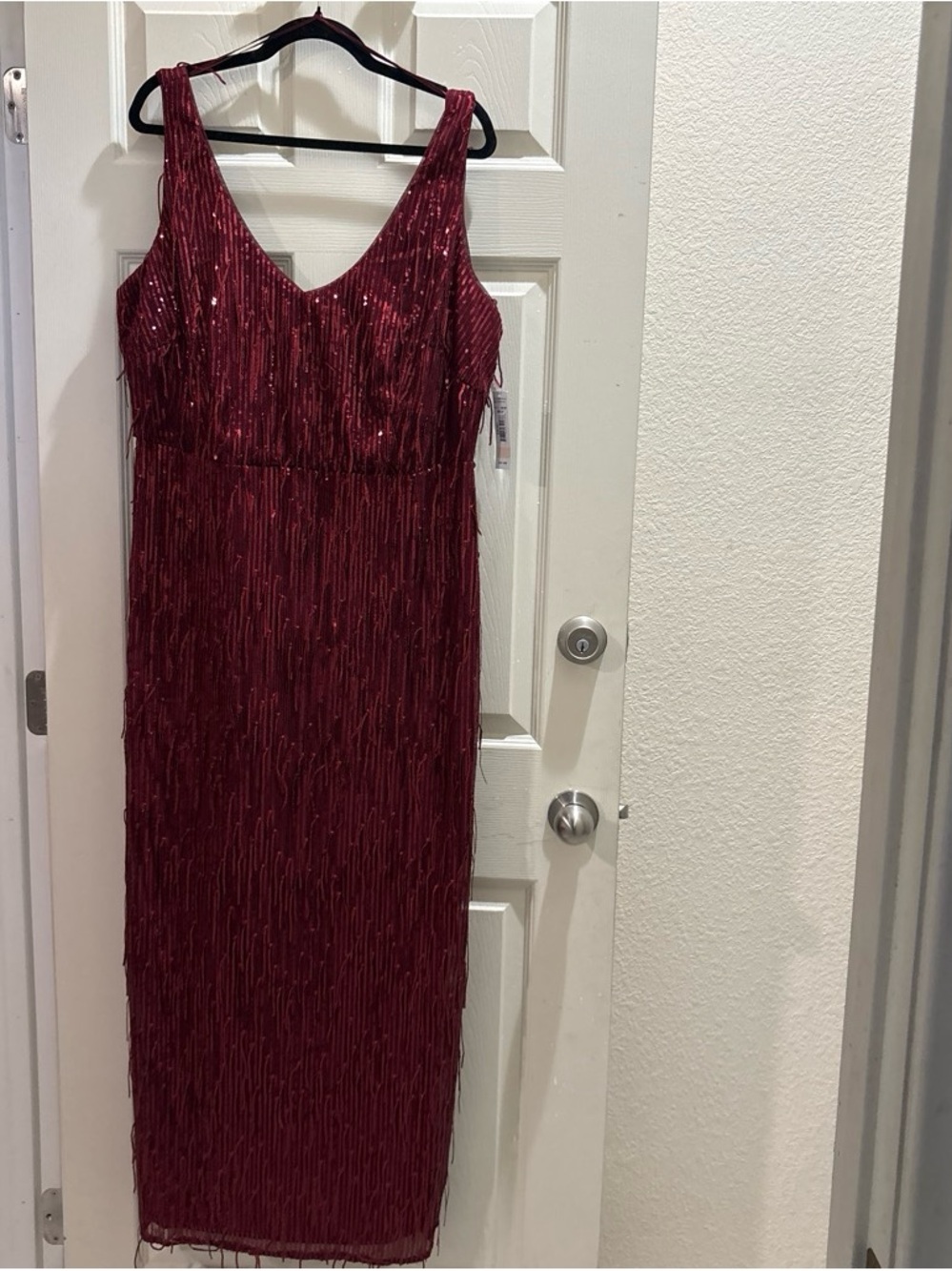 R & M Richards Wine Red Sequin Fringe Maxi Dress